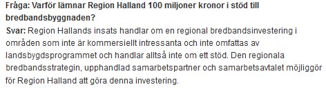 Skärmdump av en fråga och svar om Region Hallands 100 miljoner kronor i stöd till bredbandsbyggnad.