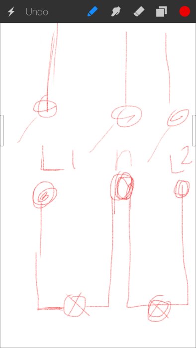 Skiss på ett elektriskt kretsdiagram med kablar märkta L1 och L2 och lampor, ritat i röd färg.