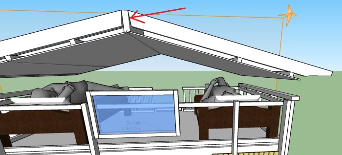 3D-modell av ett hus under konstruktion med fokus på takåsarna som möts vid nockbalken.