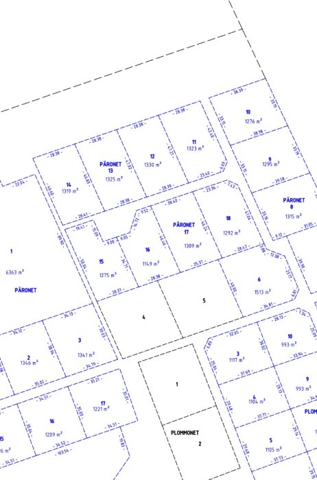 Tomtkarta som visar olika tomter med arealmått och riktning markerad som norr uppåt.