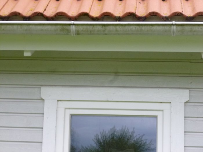 Husvägg med Z-panel och fönster utan överbleck, tätat med utefog vid panelens skarvar.