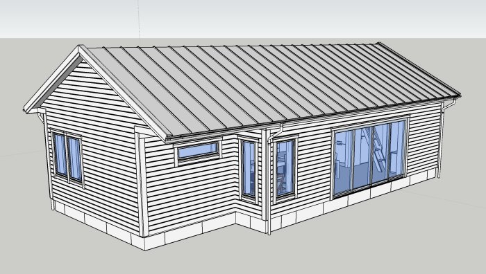 3D-modell av ett fritidshus med trästomme och platta på mark, dimensioner diskuteras.