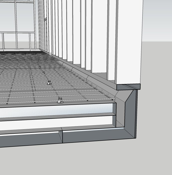 3D-skiss av fritidshusgrund med betongplatta, armeringsjärn och träreglar.