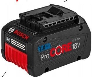 Bosch ProCORE 18V 7.0Ah batteri mot röd och svart bakgrund.