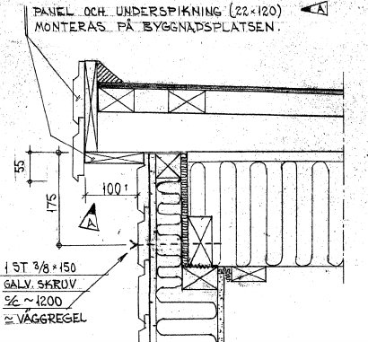 Sektionsritning av pulpettak med reglar, plywood, papp och dimensioner.