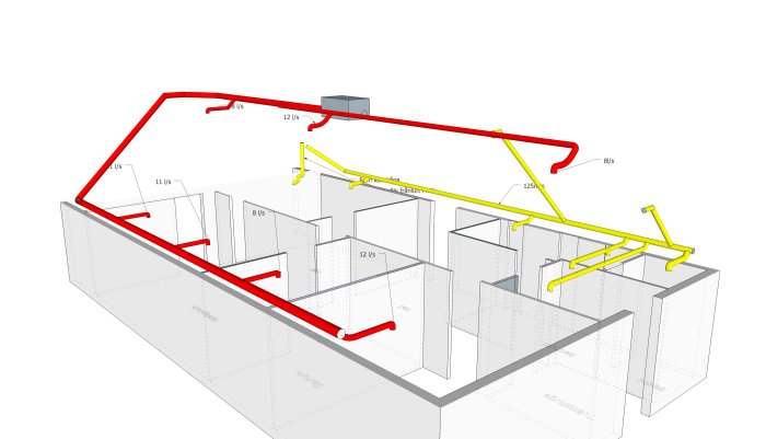 3D-skiss av hus med ventilationssystem, markerade luftflöden i L/s, frånluftskanal på taket.