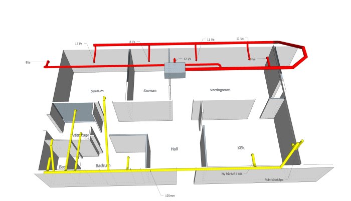 Skiss av hus med ventilationssystem, markerade luftflöden och frånluftspositioner i olika rum.