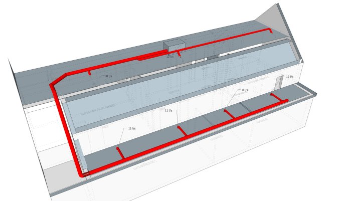 Skiss i 3D av husventilation med markerade röda luftflödesvägar och flödesmängder i liter per sekund.