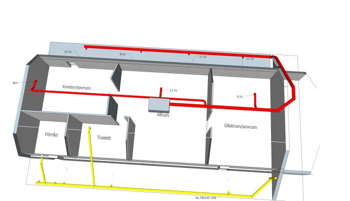 Skiss i 3D av ett planerat ventilationssystem i ett hus, med markerade luftflöden och rumsbeteckningar.