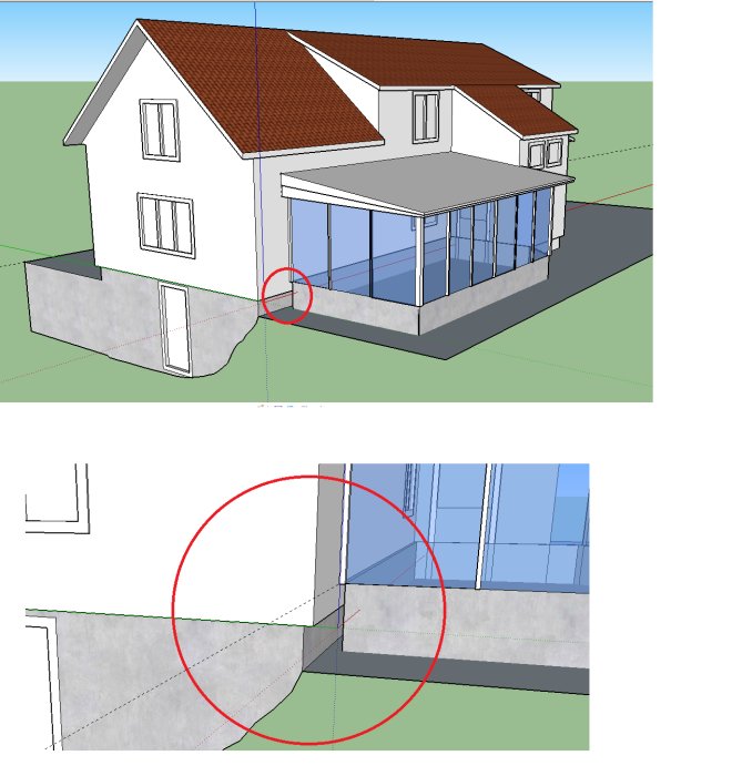 3D-modell av hus med markerad fasadyta där användaren funderar på att höja golvet med 23 cm för att matcha innegolv.