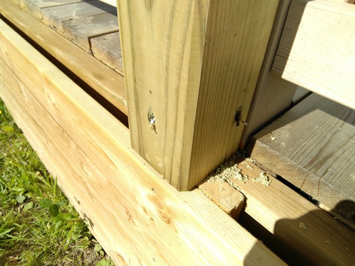 Detalj av träkonstruktion för pergola med synliga skruvar och träspån, soligt väder.