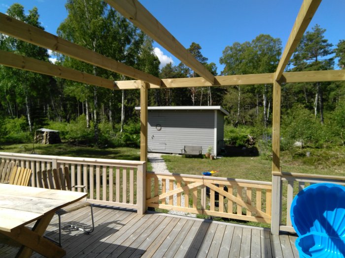 Obyggd pergola av trä på altan med utsikt över trädgård, väntar på målning.