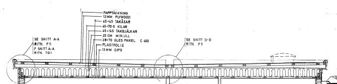 Genomskärning av ett tak med beskrivning av komponenter som 45x120-reglar, 45x70 hammarband och takkassettens stödstrukturer.