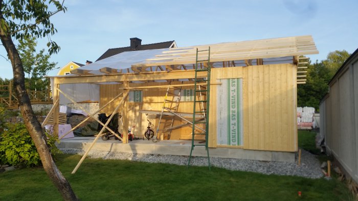 Takreglar som delvis spikats upp på en byggkonstruktion med oläggande gavelspets och stegar.