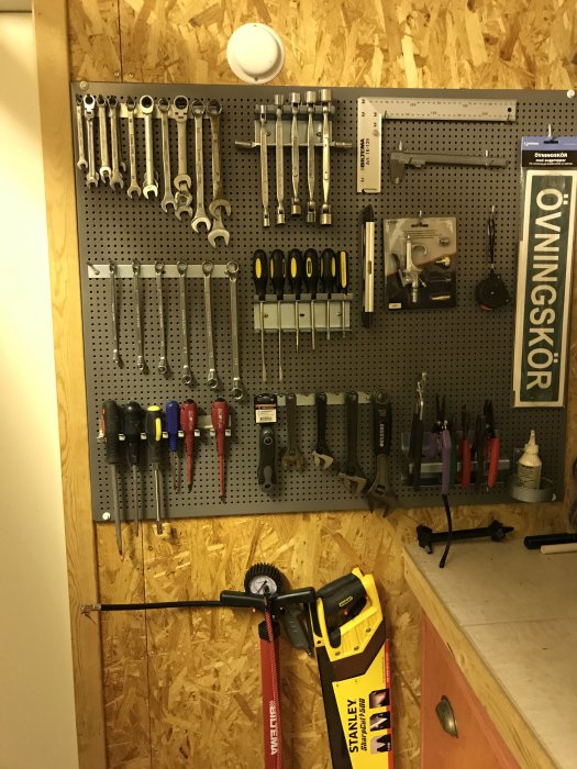 Välordnad verktygstavla med upphängda skiftnycklar, skruvmejslar och annan utrustning i ett garage.