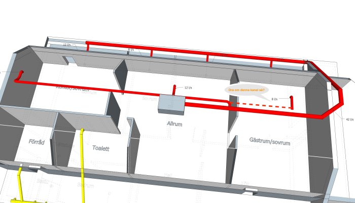 3D-modell av ett ventilationssystem i ett hus med utmärkta luftrörsdimensioner och flöden.