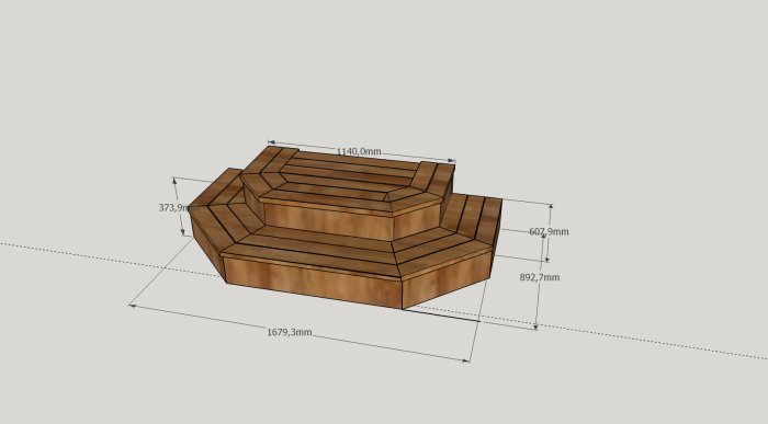 3D-skiss av en liten trätrappa med måttangivelser, planerad för en köksingång.