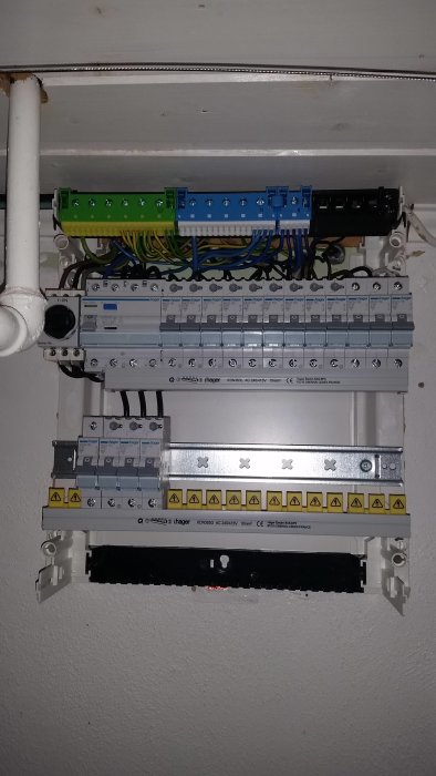 Nyinstallerad elcentral med säkringar och kablar ordentligt draget längs vägg.