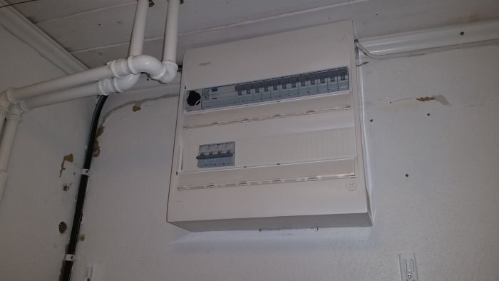 Nyinstallerad elcentral med säkringar på vägg med rördragning och kabelkanal.