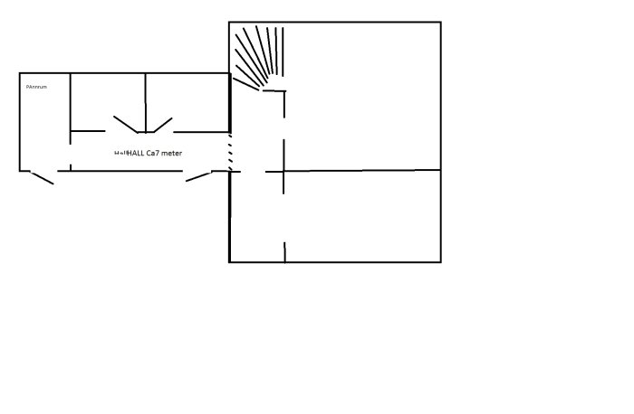 Schematisk planritning som visar pannrum och hall i en bostad, med möjlig värmespridning indikerad.