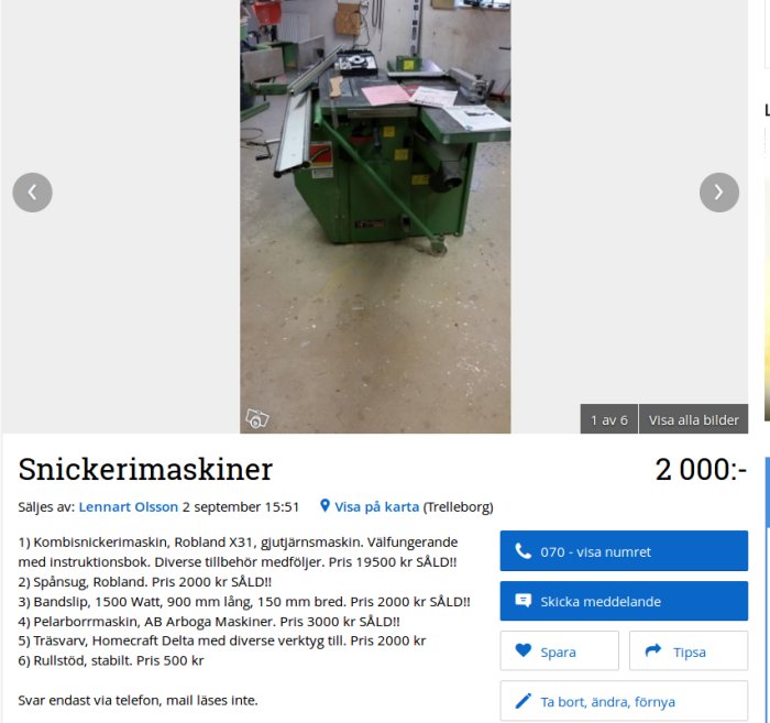 Grön kombinationsmaskin Robland X31 i en verkstadslokal, visar tillbehör och skick.