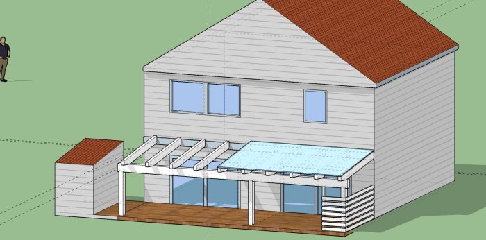 3D-skiss av en vit husfasad med ett pergolaprojekt inkluderande bärlina och glastak.