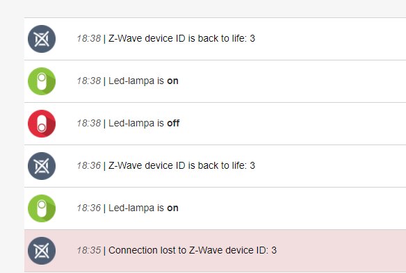 Logg över enhetsstatus med tider: Z-Wave enhet återaktiverad, LED-lampa på/av och anslutningsförlust.