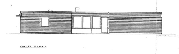 Arkitektonisk ritning av ett kedjehus med träpanel och tegelvägg, markering av garage och höjd.