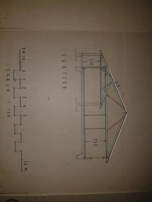 Ritning över takstolskonstruktion med färgmarkeringar för planerade ändringar.