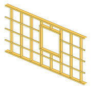 3D-illustration av en trästomme för en vägg med öppningar för fönster.