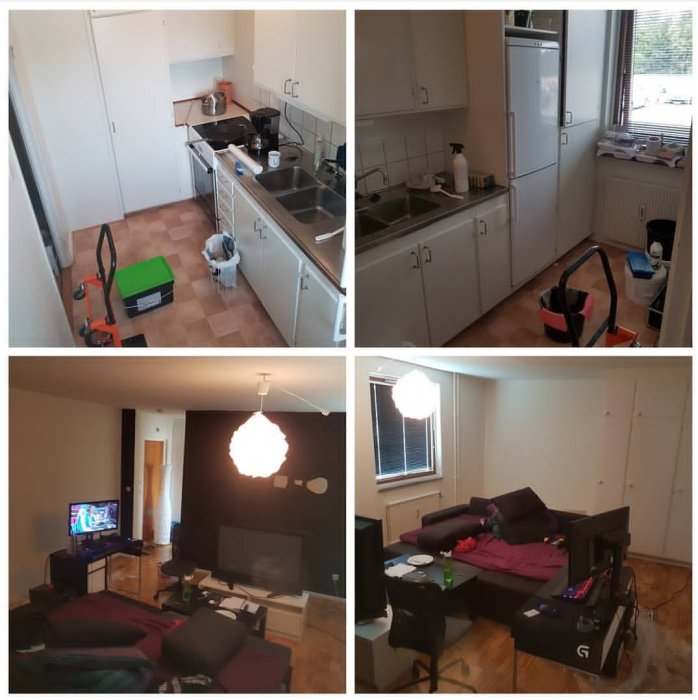 Före-och-efter-bilder av lägenhetsrenovering visar gammalt kök och uppdaterat vardagsrum.