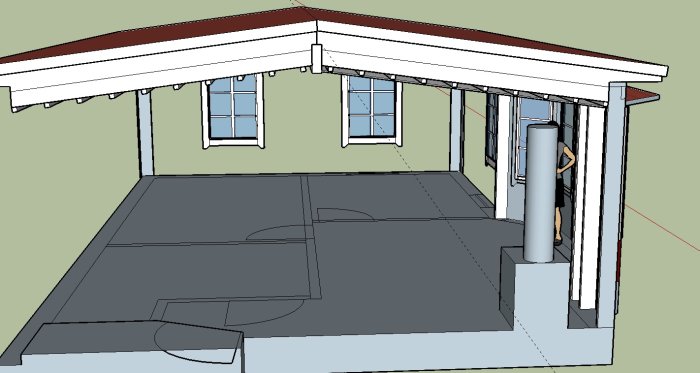 3D-modellerad tänkt utbyggnad av hus med tak, reglar, och isolering, utan luftspalt inritad.