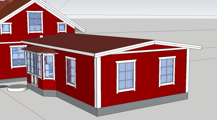 3D-ritning av en tänkt utbyggnad på ett rött hus med platt tak och flera fönster, ansluten till ett större hus.