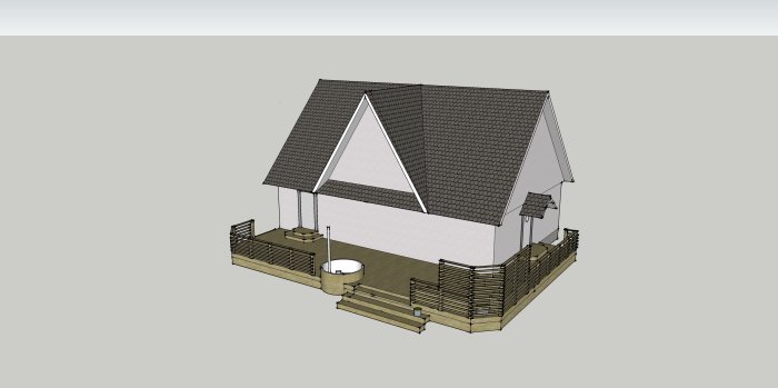 3D-modell av ett hus med ny altan, badtunna och trappa i ett renoveringsprojekt.