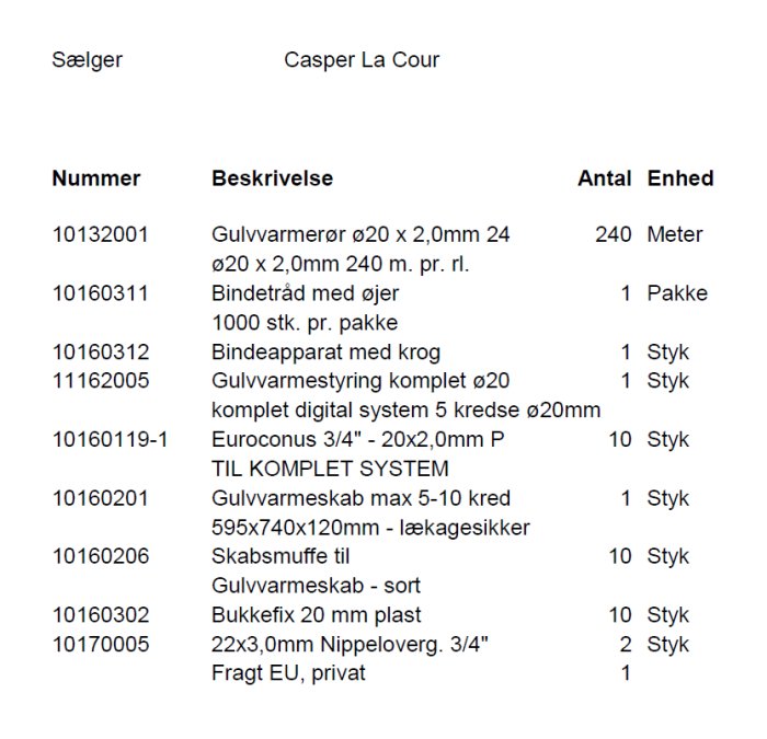Skärmbild av en offert med listade byggmaterial och mängd såsom golvvärmerör, bindetråd och golvvärmestyrdon.