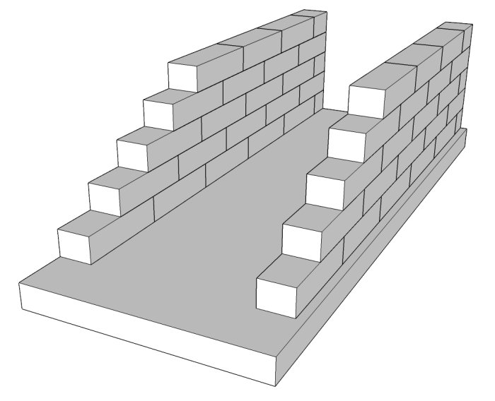 Skiss av utomhustrappa byggd av Lecablock på en betongplatta, med måttangivelser.