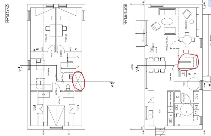 Planritning av en våning med markerade platser för kök, badrum och möjlig placering för FTX-aggregat.