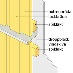 Illustration av trävägg med benämnd bottenbräda, lockbräda, spikläkt och droppbleck.