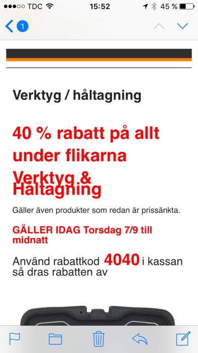 Skärmdump som visar erbjudande med 40% rabatt på verktyg och hältagningsprodukter, rabattkod 4040.