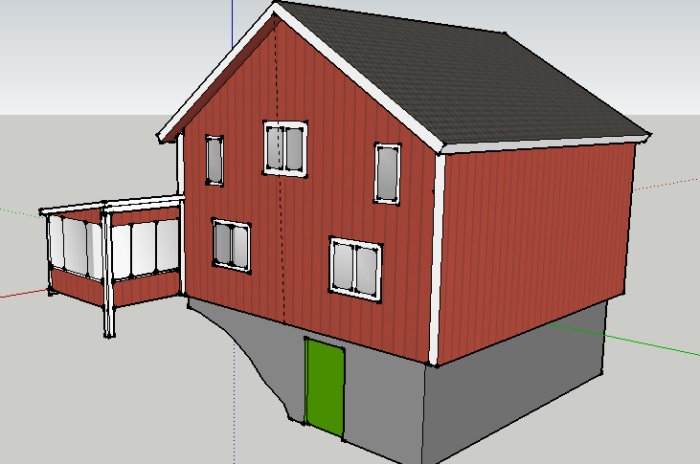 Skiss i SketchUp av ett rött hus med en nybyggd altan delvis glasad in för sjöutsikt och solläge.