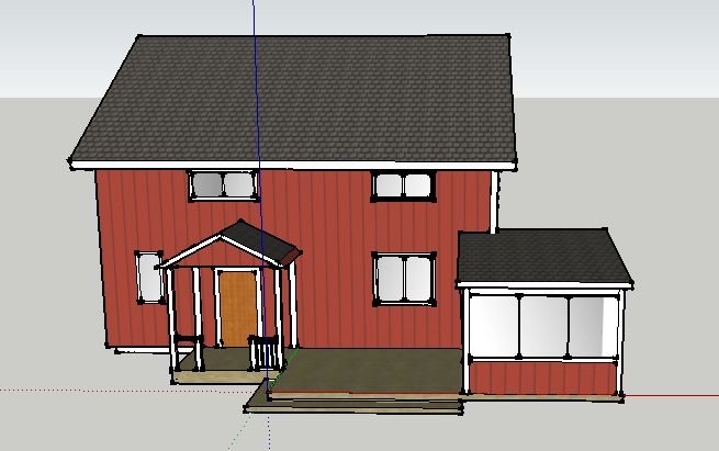 Skiss i SketchUp av rött hus med altan och tilltänkt inglasat uterum mot sjöutsikt.