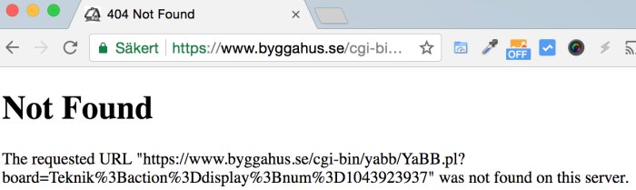 Webbläsarfönster med 404-felsida där URL till en Yabb-forumlänk ger 'Not found'-meddelande.