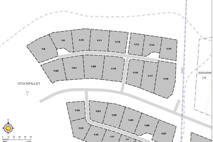 Tomtkarta över området Stockfallet visar den nya hörntomten Stockfallet 1:19 som är 1548 kvm stor.