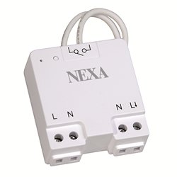 Vit Nexa mottagare med märkning för 'Load', 'L', 'N' och 'Li', med två kablar och kopplingsplintar.