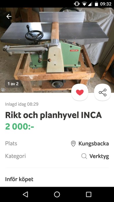 Inca 510 rikt- och planhyvel med matningshastighetsvred, icke tersa knivar, i verkstadsmiljö.