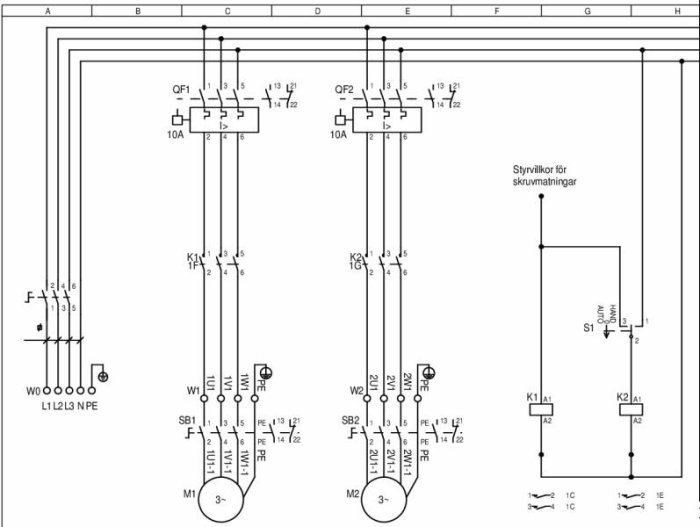 Elritning som visar standardlösning för anslutning av industrimotorer, med kabeldragning och komponenter.