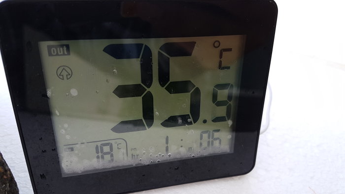 Digital termometer som visar en utomhustemperatur på 36,9 grader Celsius.