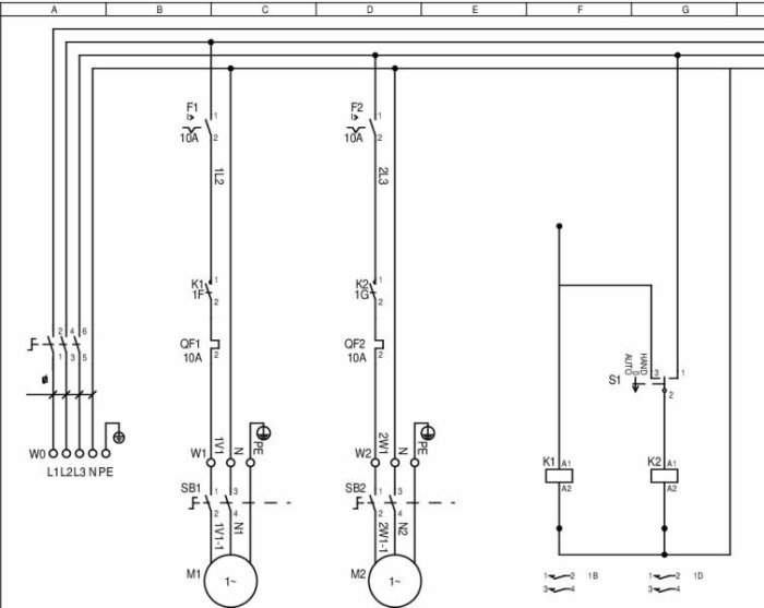Elektriskt kopplingsschema för enfas installation med beteckningar och ledningsdragningar.