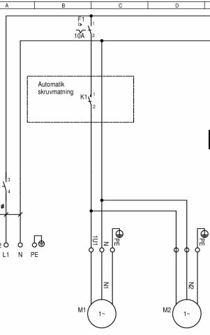 Elektrisk kopplingsschema med automatsäkring, stickproppar och markerade ledare för L1, N och PE.