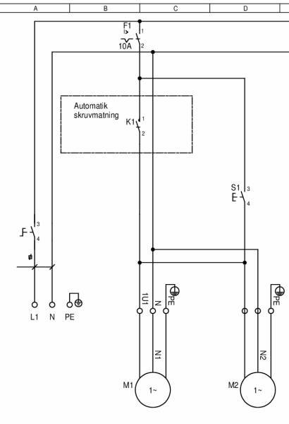 Elektriskt schema för fast inkoppling av automatisk skruvmatning utan stickproppar, som visar fas, nolla och jord.